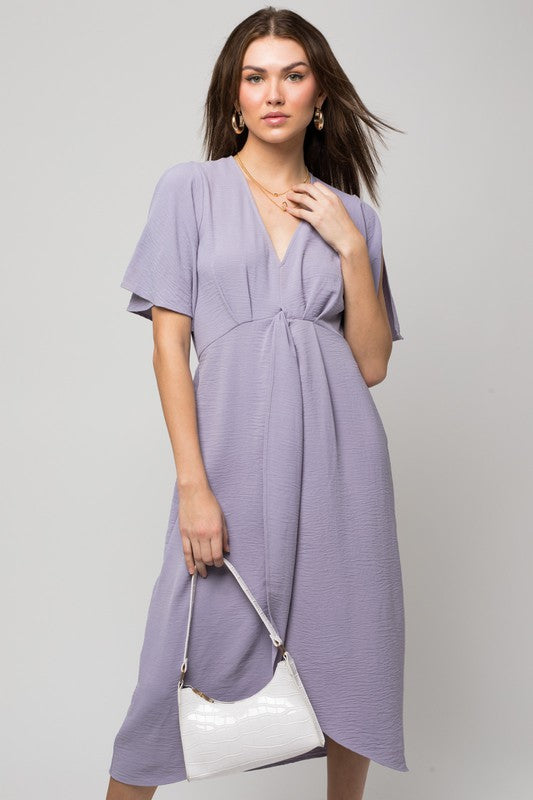 Solid V-Neck Midi Dress W-Front Knot Lavender S by Gilli | Fleurcouture