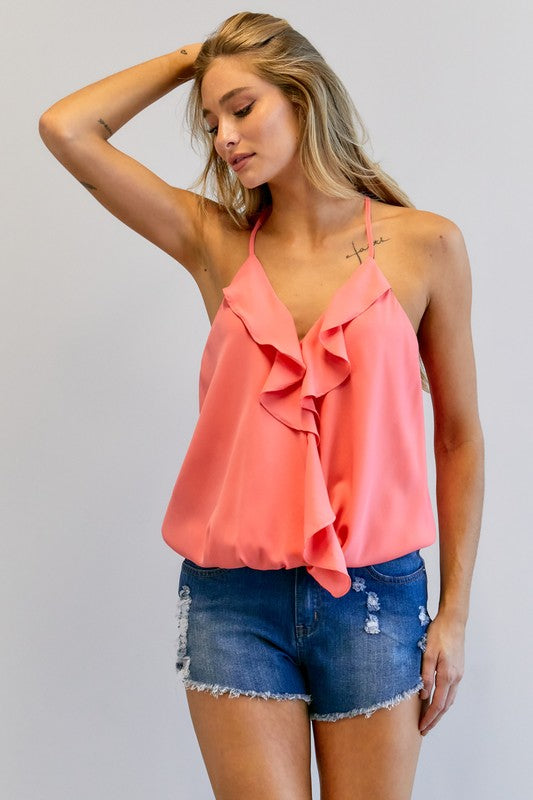 Solid V-Neck Sleeveless Ruffle Top by Davi &amp; Dani | Fleurcouture