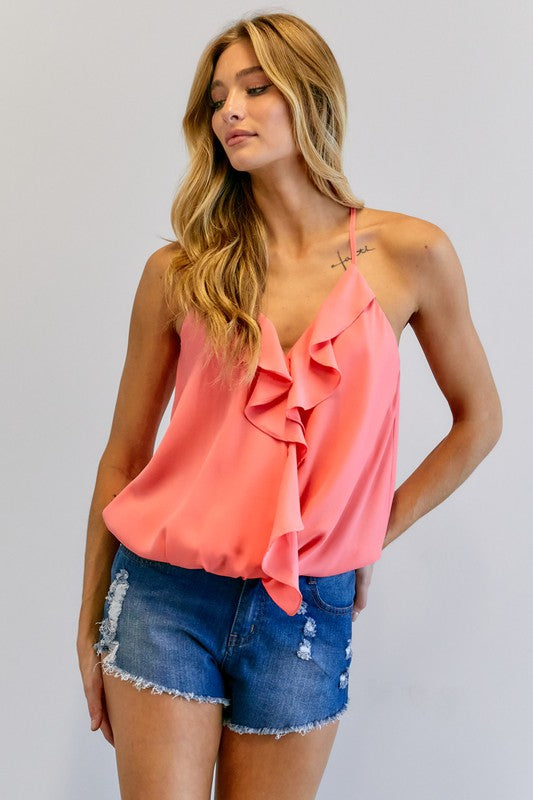 Solid V-Neck Sleeveless Ruffle Top by Davi &amp; Dani | Fleurcouture