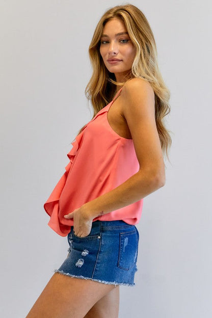 Solid V-Neck Sleeveless Ruffle Top by Davi &amp; Dani | Fleurcouture