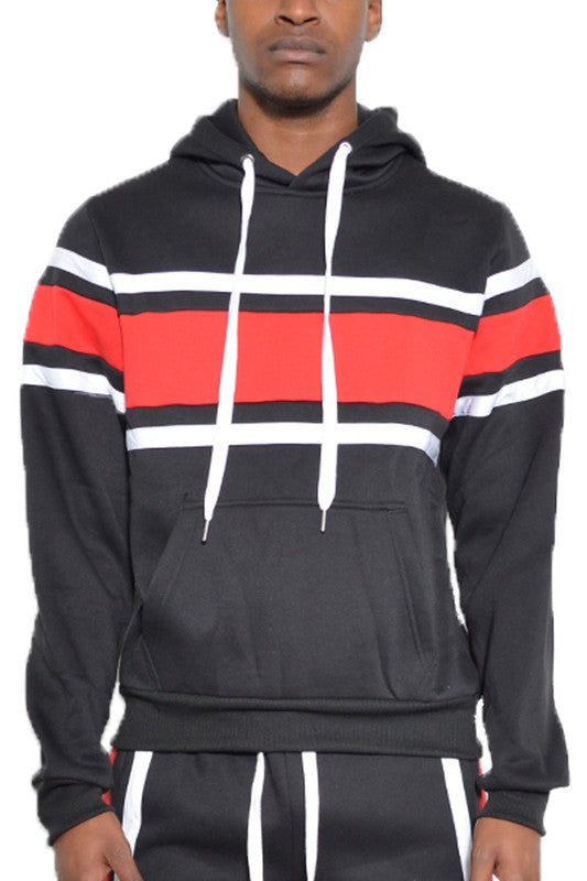 SOLID WITH THREE STRIPE PULLOVER HOODIE BLACK RED S Men&