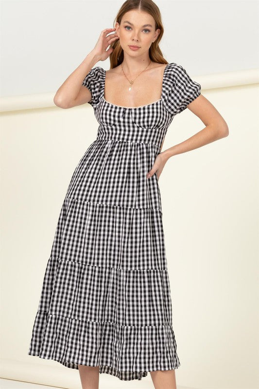 Somewhere to Go Tie-Back Gingham Print Maxi Dress BLACK L by HYFVE | Fleurcouture