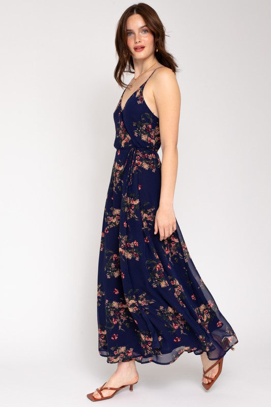 Spa Strap Floral Printed Maxi Wrap Dress NAVY-MULTI FLORAL by Gilli | Fleurcouture