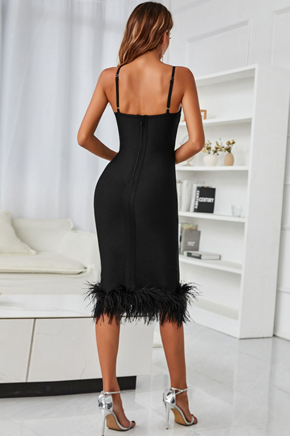 Spaghetti Strap Feather Trim Bodycon Dress Black Women&