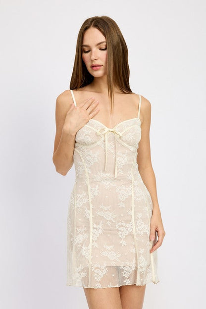 SPAGHETTI STRAP LACE MINI DRESS WHITE by Emory Park | Fleurcouture