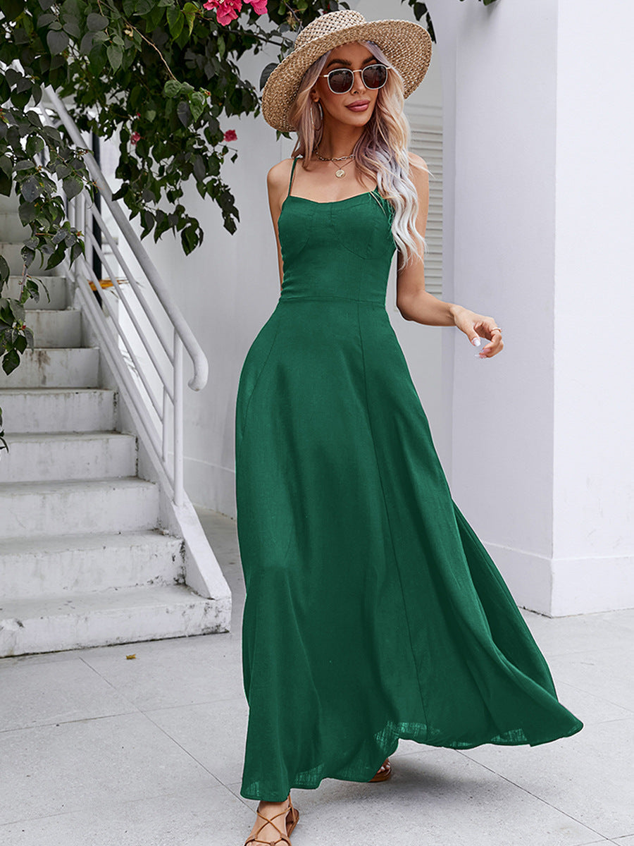 Spaghetti Strap Lace-UP Maxi Dress Dark Green Women&