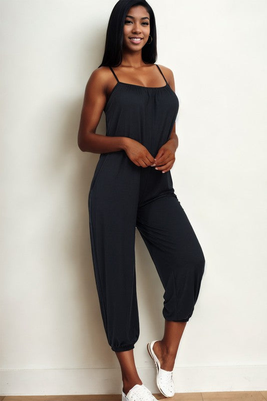 Spaghetti strap solid jumpsuit Black S by Capella | Fleurcouture