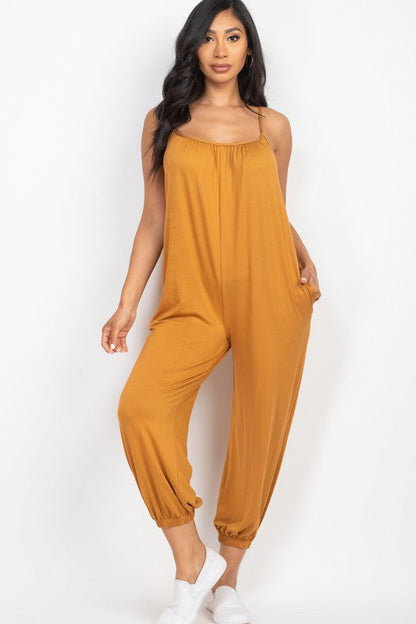 Spaghetti strap solid jumpsuit BROWN SUGAR S by Capella | Fleurcouture