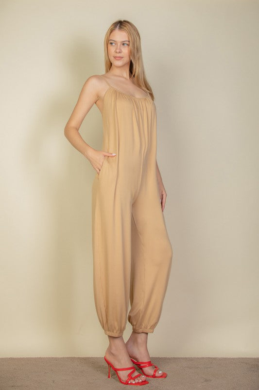 Spaghetti strap solid jumpsuit by Capella | Fleurcouture