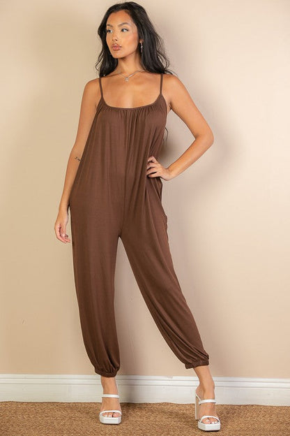 Spaghetti strap solid jumpsuit by Capella | Fleurcouture