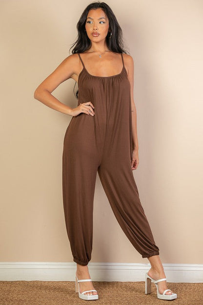 Spaghetti strap solid jumpsuit Coffee S by Capella | Fleurcouture