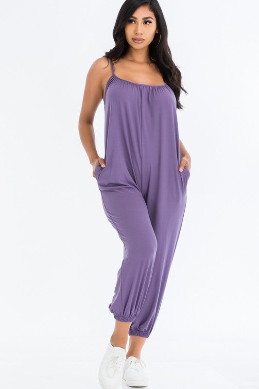 Spaghetti strap solid jumpsuit Grape S by Capella | Fleurcouture