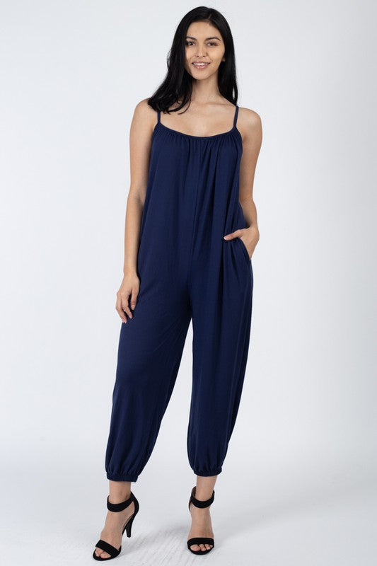 Spaghetti strap solid jumpsuit Navy S by Capella | Fleurcouture