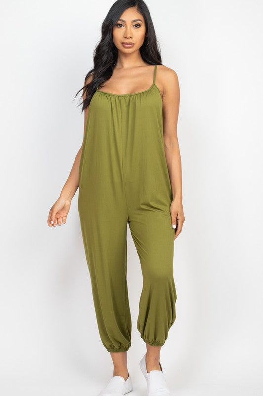 Spaghetti strap solid jumpsuit OLIVE BRANCH S by Capella | Fleurcouture