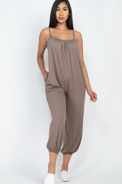 Spaghetti strap solid jumpsuit Taupe S by Capella | Fleurcouture