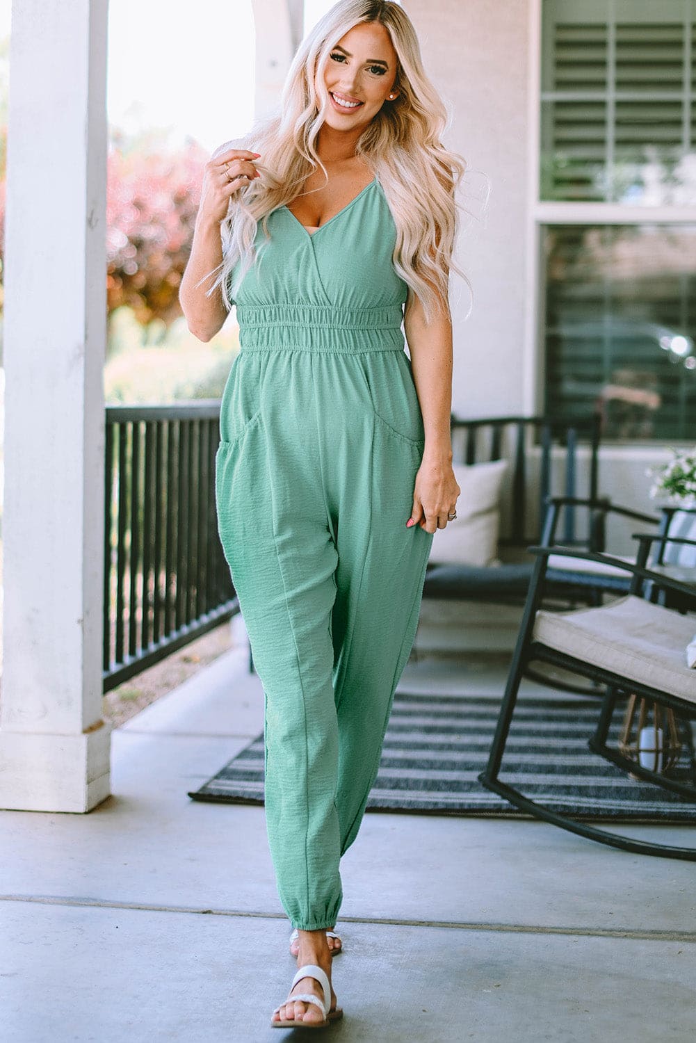 Spaghetti Strap V-Neck Jumpsuit with Pockets Gum Leaf by Trendsi | Fleurcouture