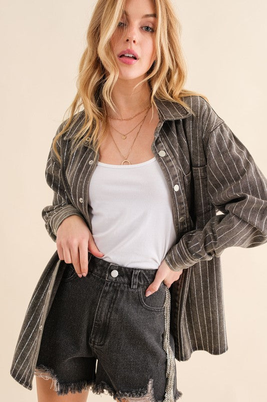 Sparkle Stone Stripe Denim Jacket Charcoal by Blue B | Fleurcouture