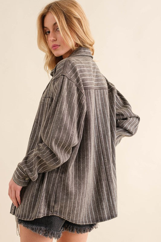 Sparkle Stone Stripe Denim Jacket Charcoal by Blue B | Fleurcouture