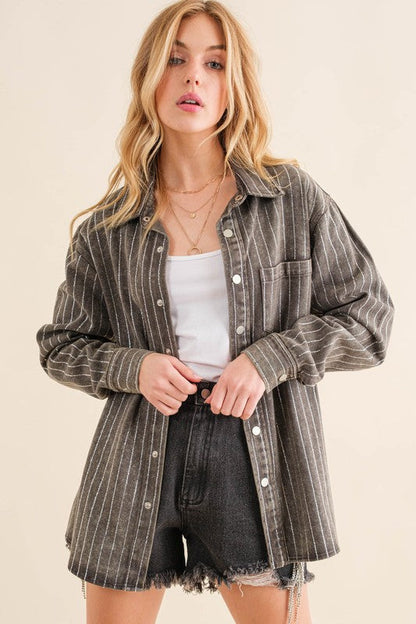 Sparkle Stone Stripe Denim Jacket Charcoal by Blue B | Fleurcouture