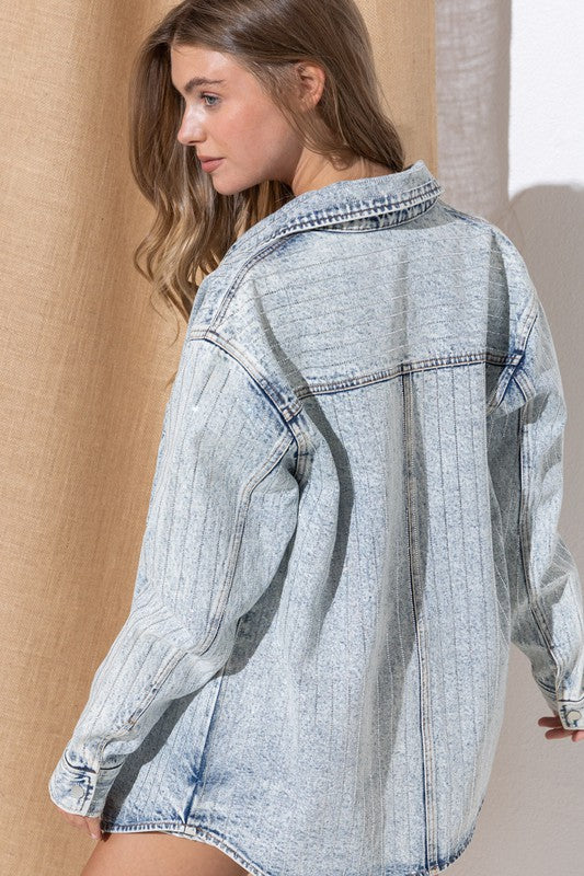 Sparkle Stone Stripe Denim Jacket Charcoal by Blue B | Fleurcouture