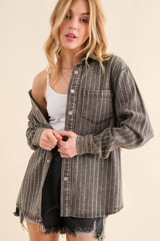 Sparkle Stone Stripe Denim Jacket Charcoal by Blue B | Fleurcouture