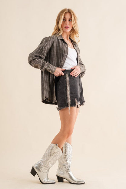 Sparkle Stone Stripe Denim Jacket Charcoal by Blue B | Fleurcouture