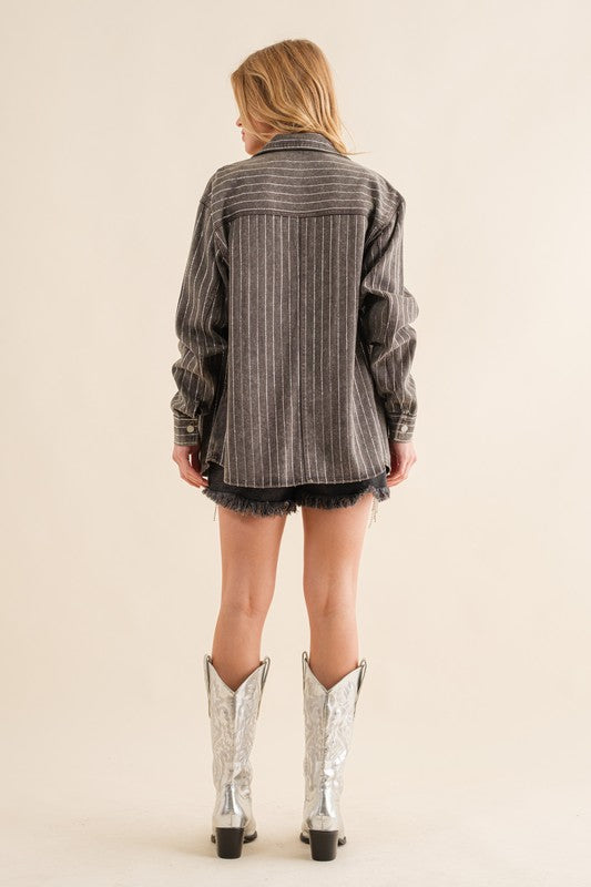 Sparkle Stone Stripe Denim Jacket Charcoal by Blue B | Fleurcouture