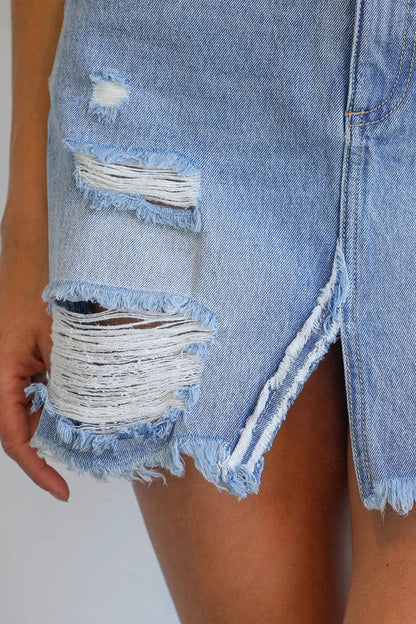 Split Middle Ripped Raw Hem Denim Skirt LIGHT by Denim Lab USA | Fleurcouture