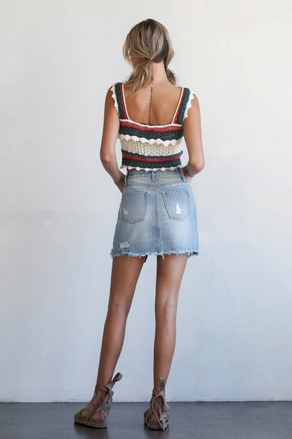 Split Middle Ripped Raw Hem Denim Skirt LIGHT by Denim Lab USA | Fleurcouture