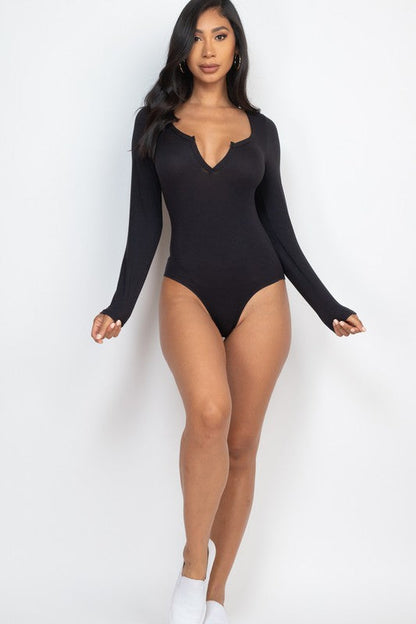 Split Neck Solid bodycon sexy Bodysuit Black S by Capella | Fleurcouture