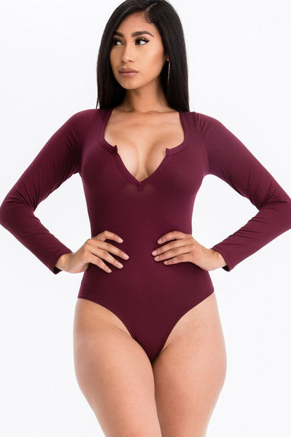 Split Neck Solid bodycon sexy Bodysuit Burgundy S by Capella | Fleurcouture