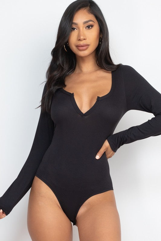 Split Neck Solid bodycon sexy Bodysuit by Capella | Fleurcouture