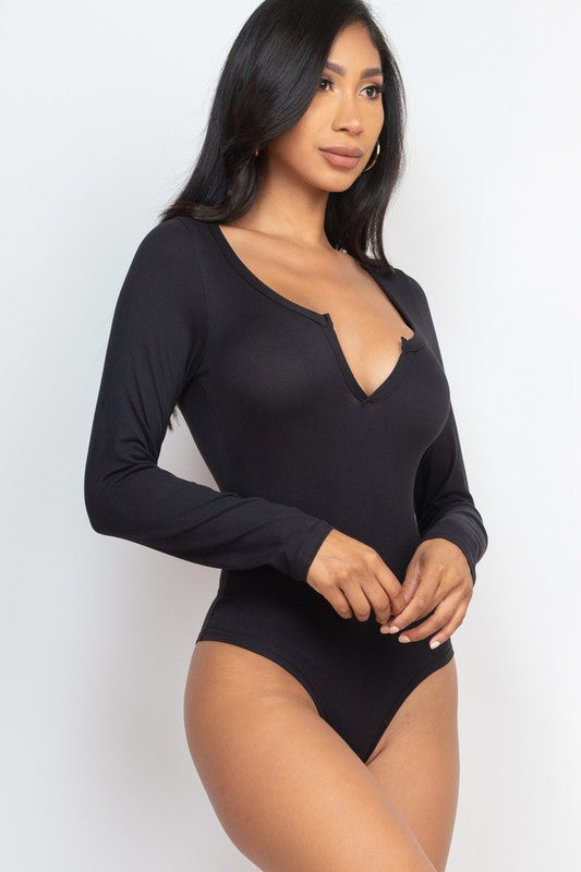 Split Neck Solid bodycon sexy Bodysuit by Capella | Fleurcouture