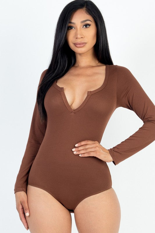 Split Neck Solid bodycon sexy Bodysuit DOWNTOWN BROWN S by Capella | Fleurcouture