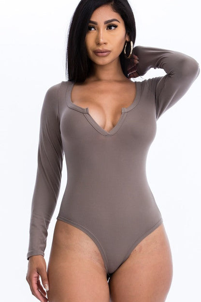 Split Neck Solid bodycon sexy Bodysuit Taupe S by Capella | Fleurcouture