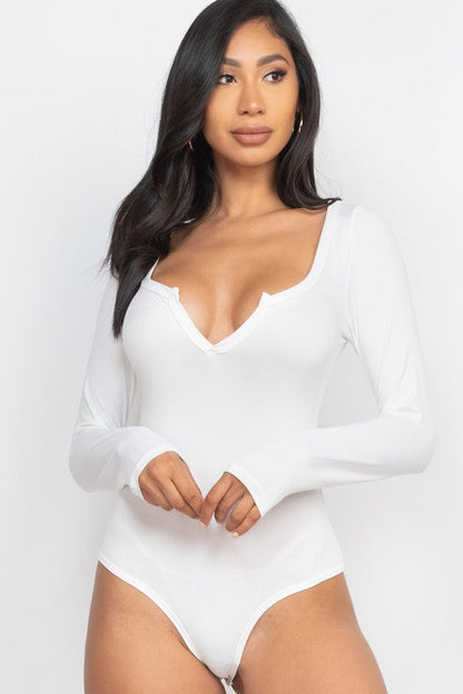 Split Neck Solid bodycon sexy Bodysuit White S by Capella | Fleurcouture