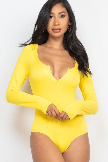 Split Neck Solid bodycon sexy Bodysuit Yellow S by Capella | Fleurcouture