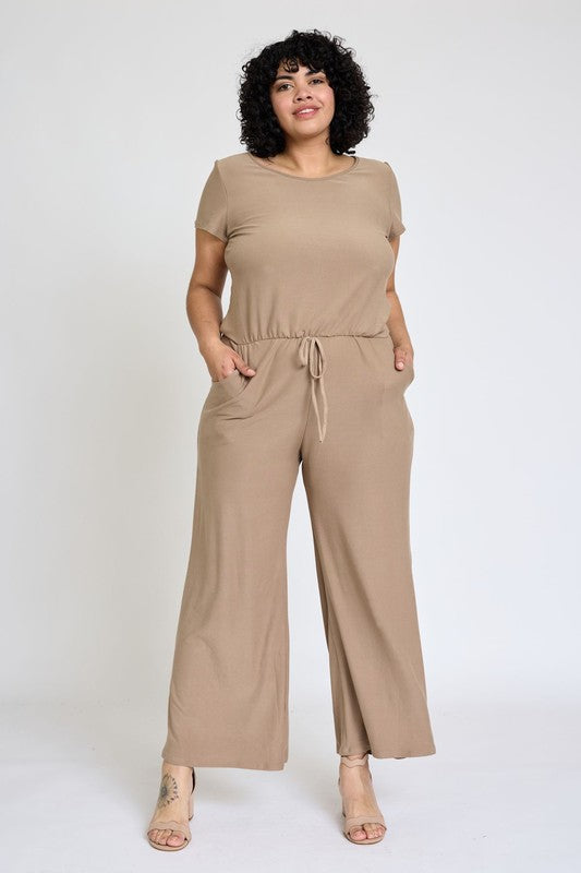 Spring Short Sleeve Jumpsuit W/Pocket Beige 1X by EG fashion | Fleurcouture