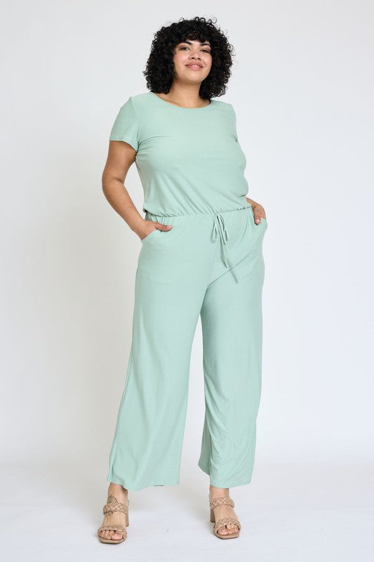 Spring Short Sleeve Jumpsuit W/Pocket sage 1X by EG fashion | Fleurcouture