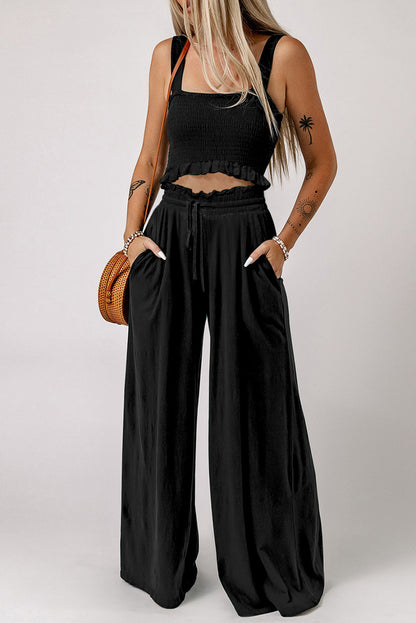 Square Neck Cropped Tank Top and Long Pants Set Black S Two Piece Sets by Trendsi | Fleurcouture