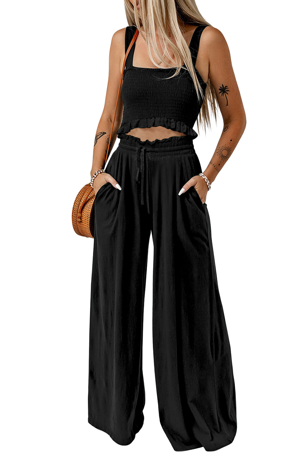 Square Neck Cropped Tank Top and Long Pants Set Black Two Piece Sets by Trendsi | Fleurcouture