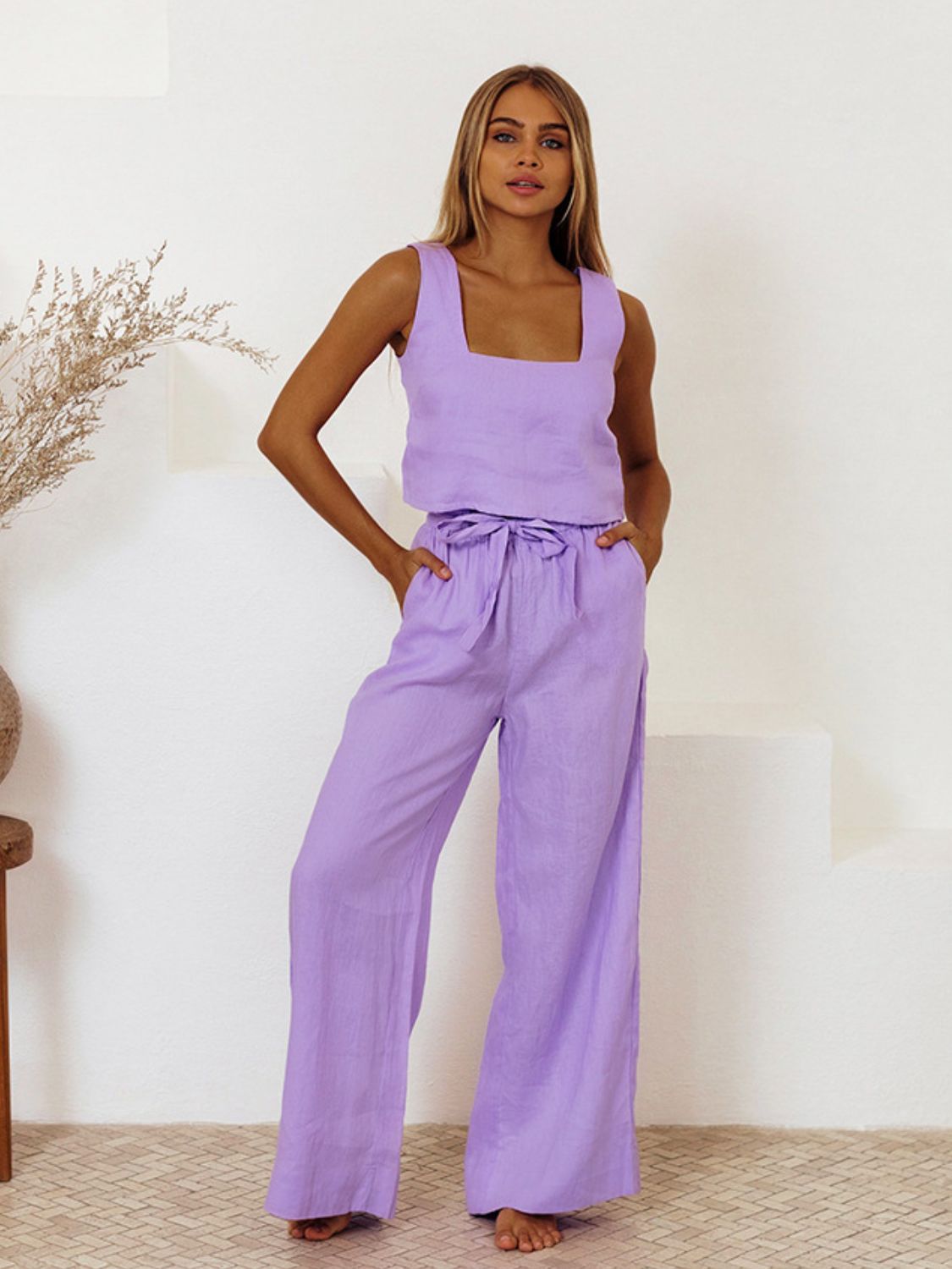 Square Neck Sleeveless Top and Pants Set Lavender S Women&