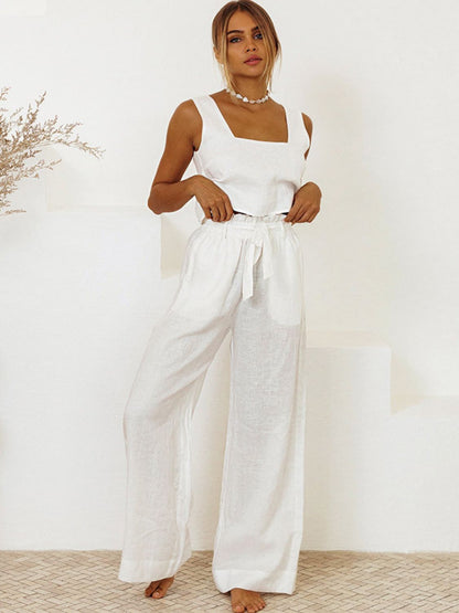 Square Neck Sleeveless Top and Pants Set White S Women&