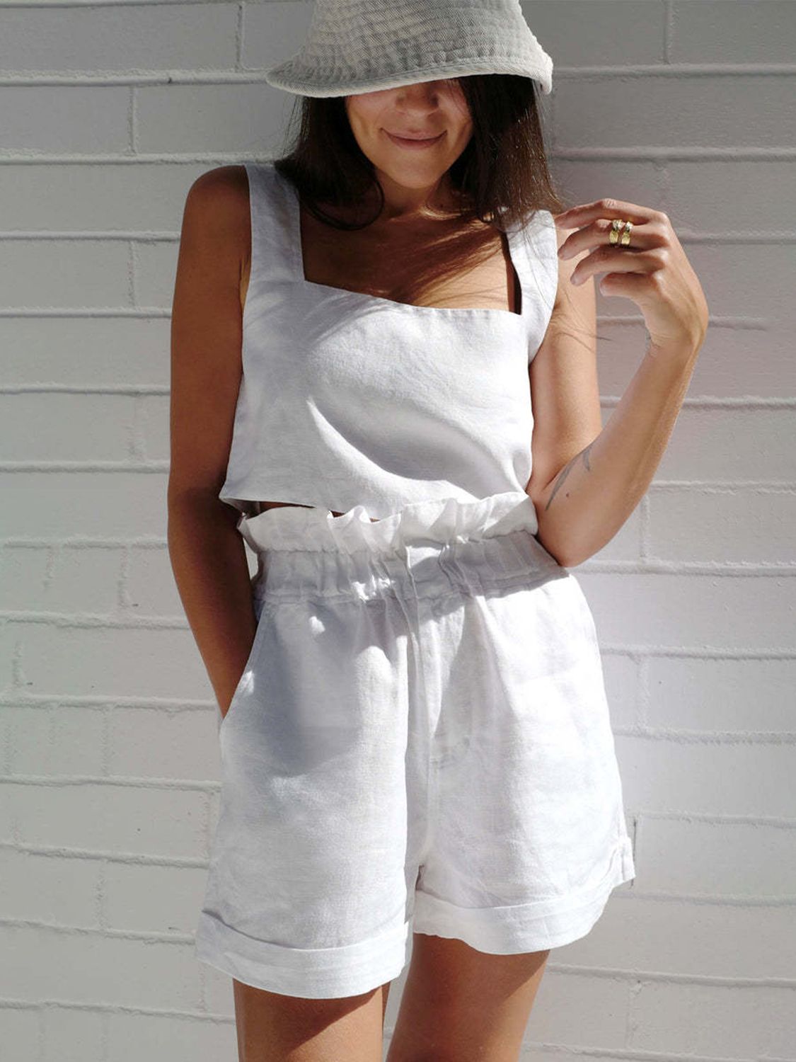 Square Neck Sleeveless Top and Shorts Set White S Women&