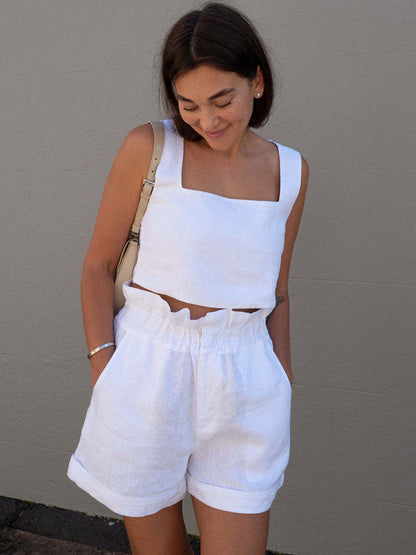 Square Neck Sleeveless Top and Shorts Set White Women&