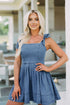 Square Neck Tie Shoulder Denim Dress Dusty Blue S Women&