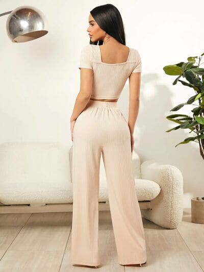 Square Neck Top and Pants Set Sand by Trendsi | Fleurcouture