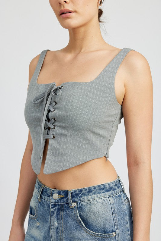 SQUARE NECK TOP WITH LACE UP FRONT GREY WHITE by Emory Park | Fleurcouture