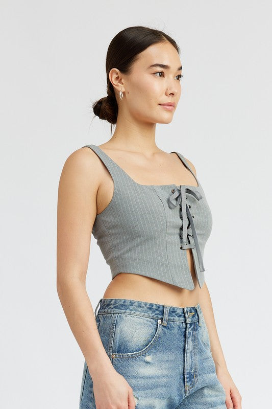 SQUARE NECK TOP WITH LACE UP FRONT GREY WHITE by Emory Park | Fleurcouture