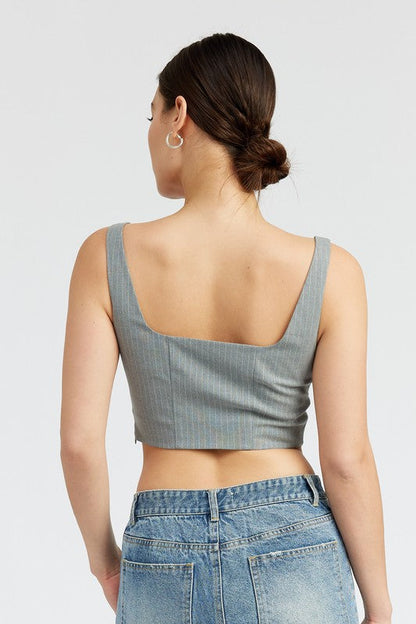 SQUARE NECK TOP WITH LACE UP FRONT GREY WHITE by Emory Park | Fleurcouture